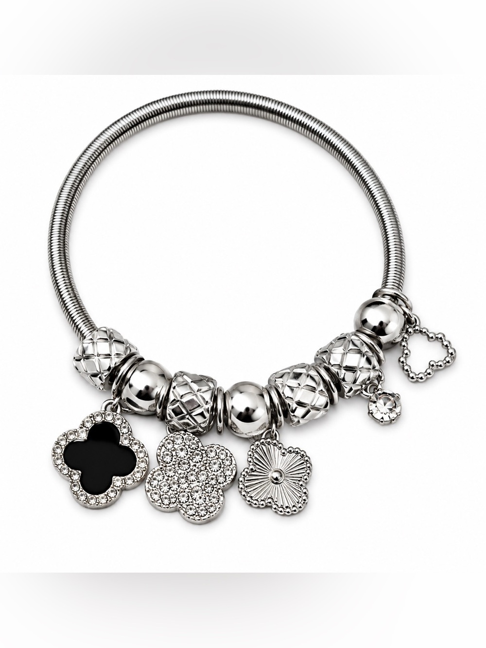Silver Tone Black & Crystal Clover Charm Stretch Bangle Bracelet Statement Jewel